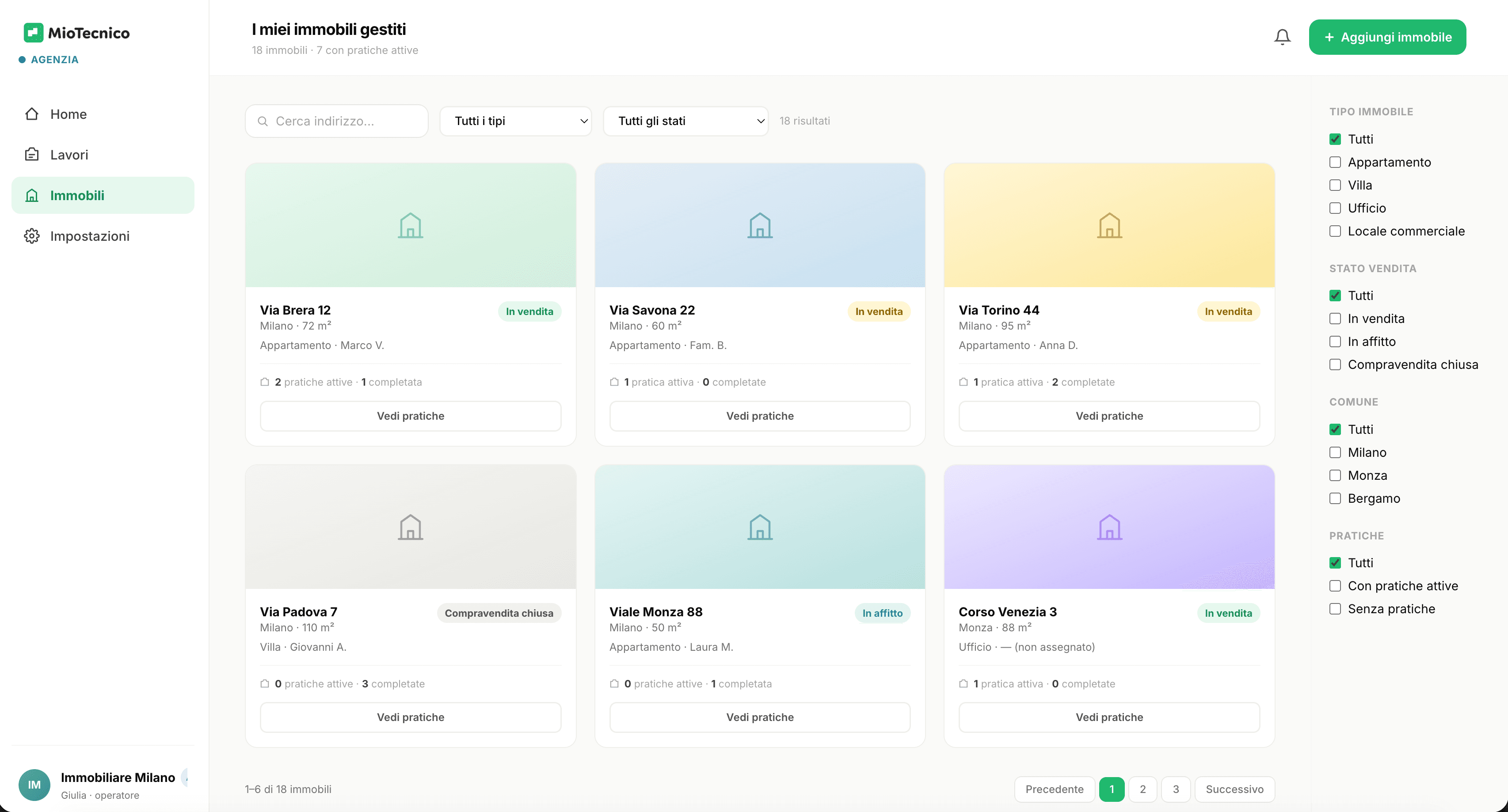 Dashboard MioTecnico per seguire pratiche e pagamenti