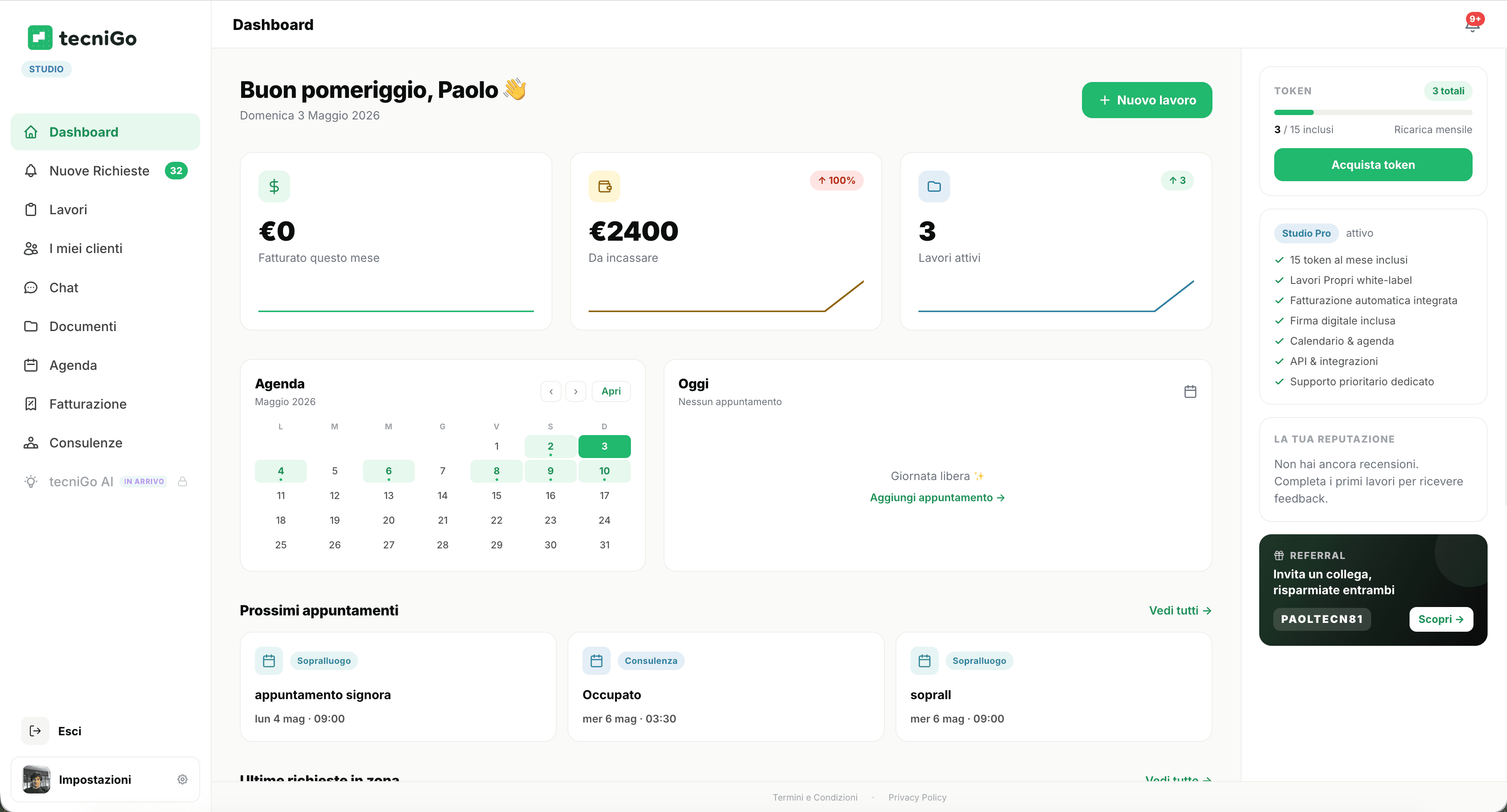 Dashboard studio tecnico — kanban lavori, preventivi, CRM clienti e fatturazione per geometri, ingegneri e architetti