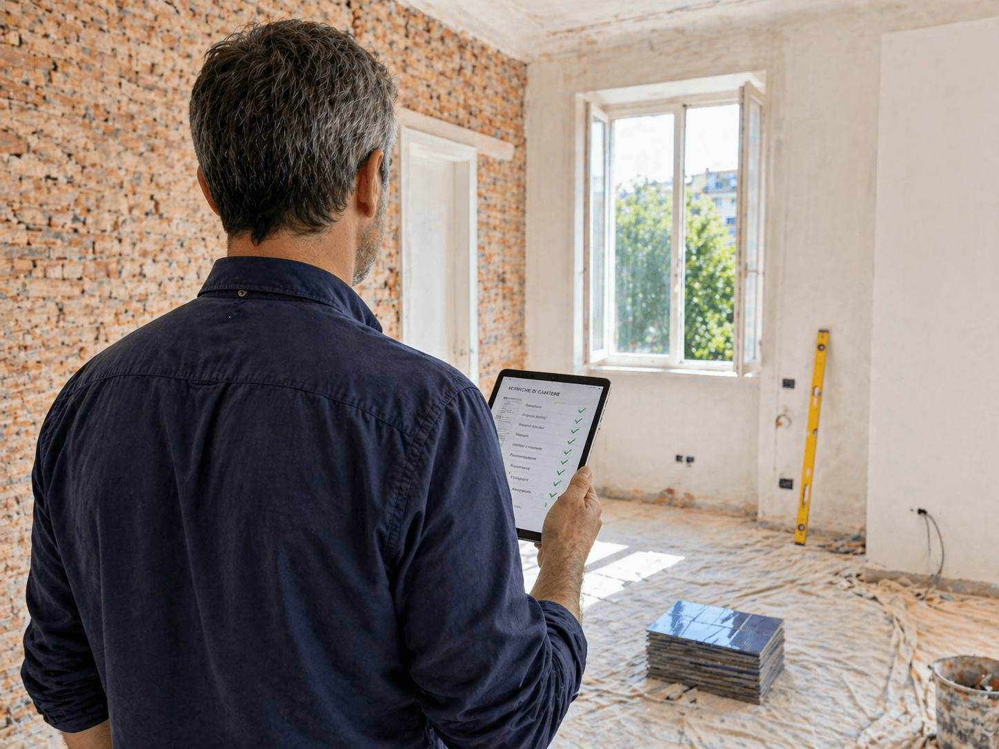 Direttore dei lavori MioTecnico controlla l'avanzamento del cantiere di ristrutturazione su tablet con checklist tecnica