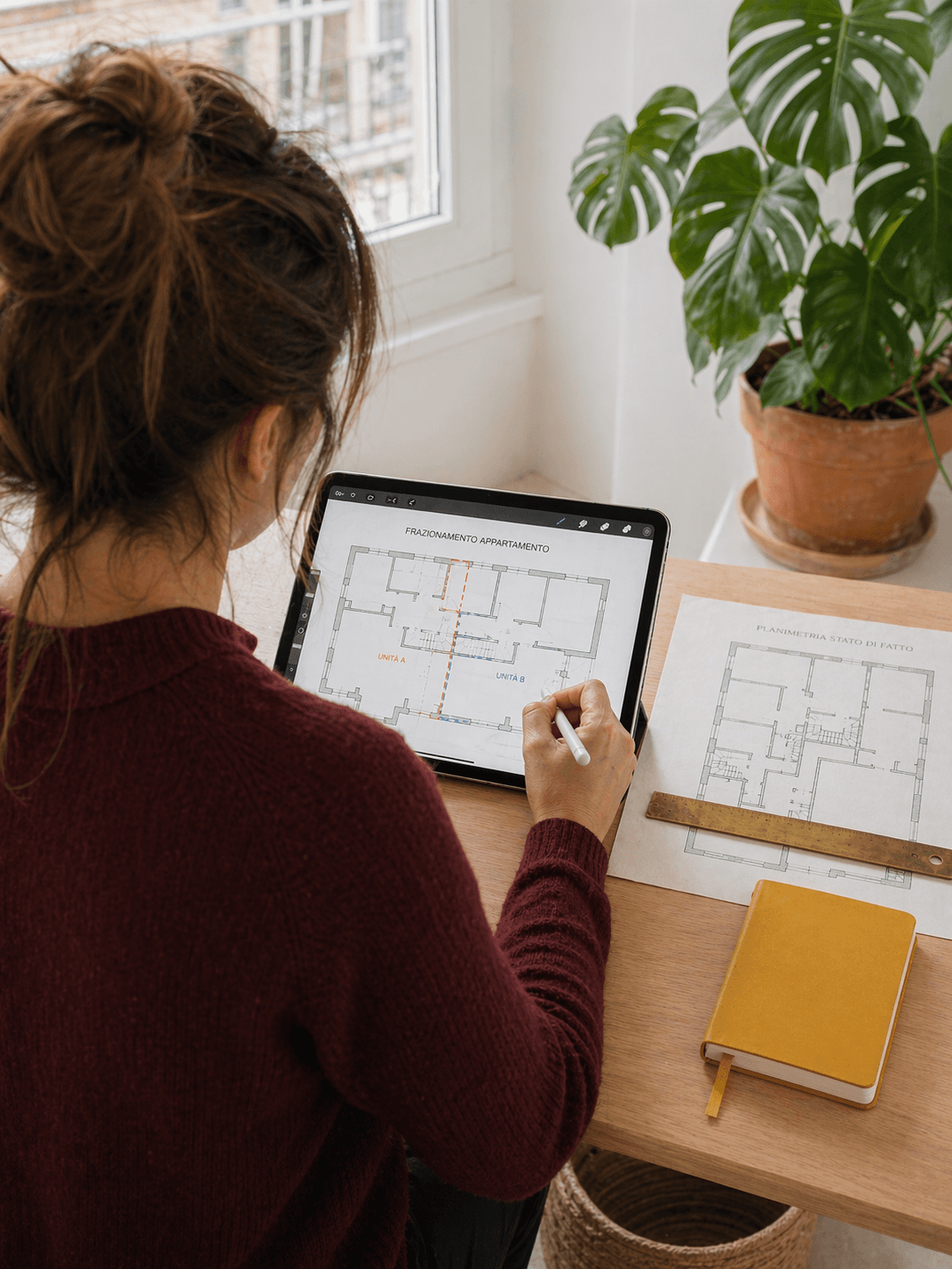 Geometra MioTecnico disegna su tablet il frazionamento catastale di un appartamento italiano accanto alla planimetria stato di fatto