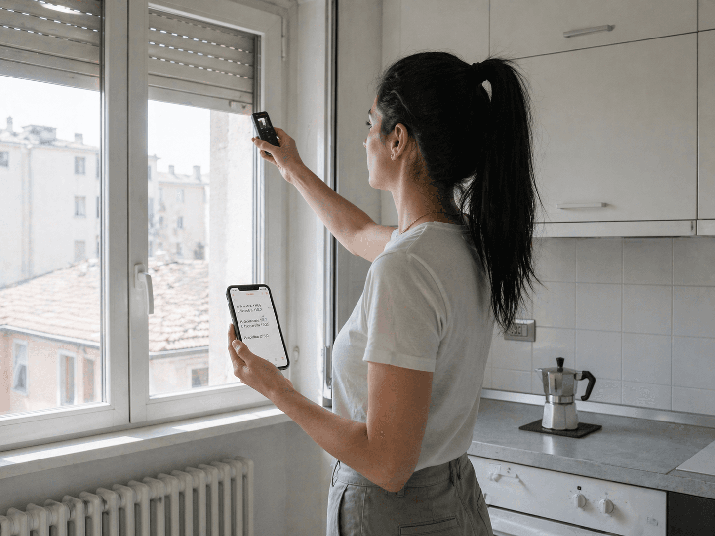 Tecnica MioTecnico esegue le misurazioni in cucina con telemetro laser e smartphone per la verifica di idoneità alloggiativa