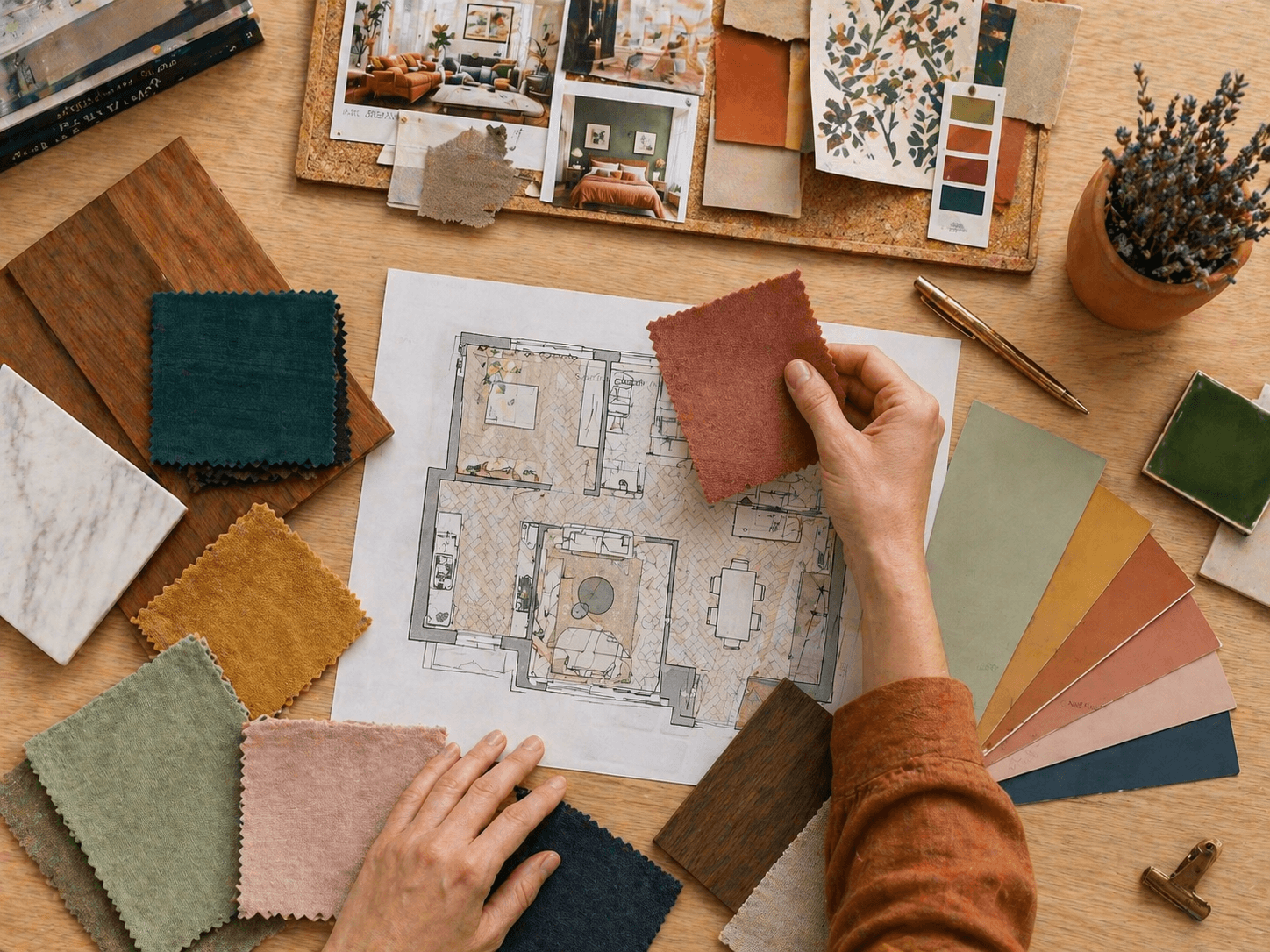 Interior designer MioTecnico compone moodboard con campioni tessuti e colori