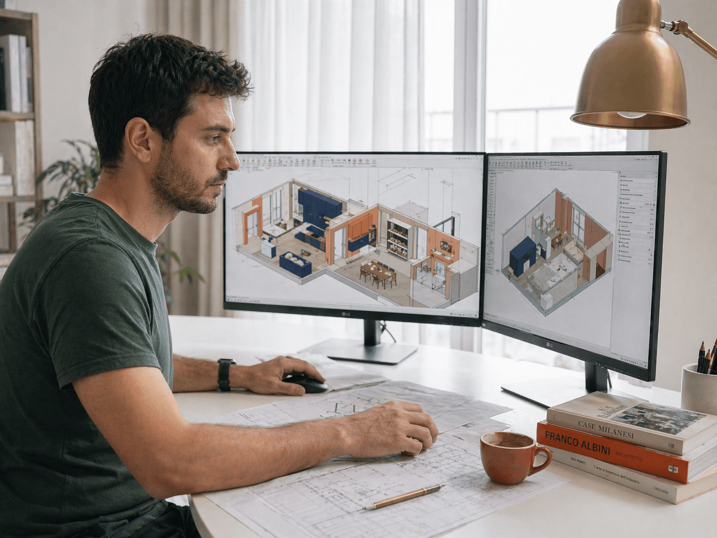 Architetto MioTecnico elabora progetto CILA su doppio monitor con render 3D degli interni e tavole tecniche stampate