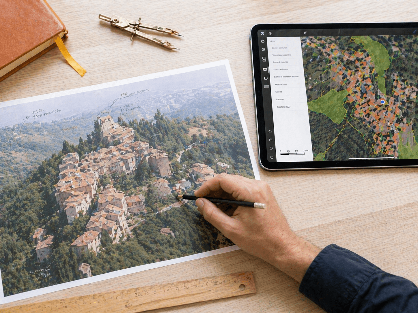 Architetto MioTecnico redige la relazione paesaggistica analizzando foto di un borgo storico italiano vincolato e mappa satellitare su tablet