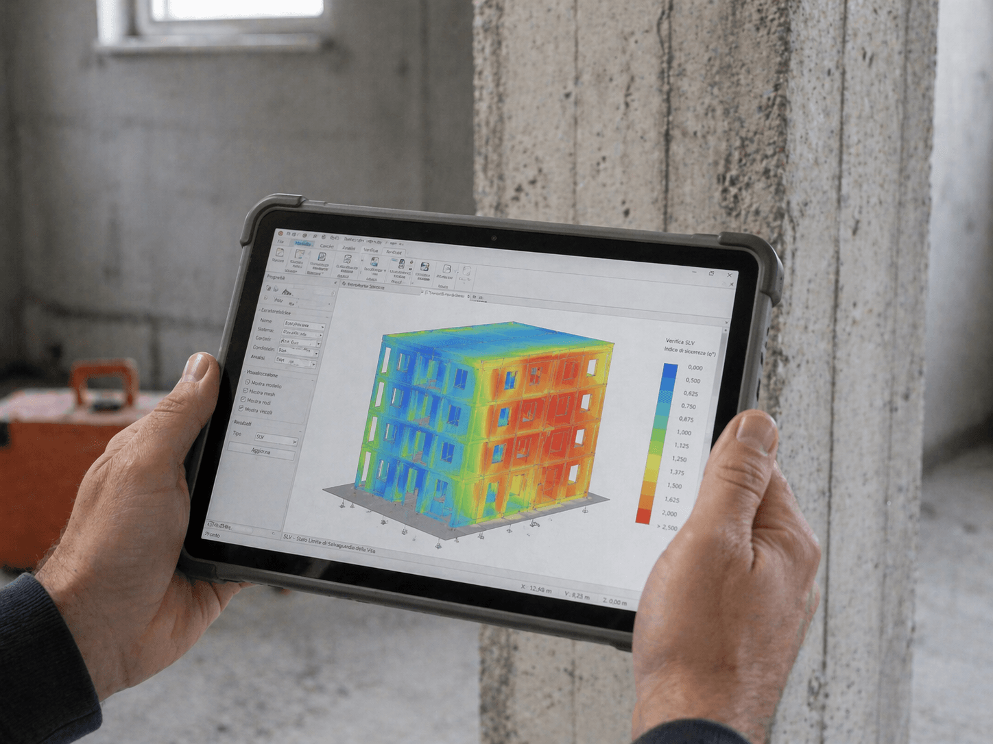 Ingegnere strutturale MioTecnico mostra simulazione sismica di un edificio italiano su tablet con analisi FEM accanto a parete in cemento armato