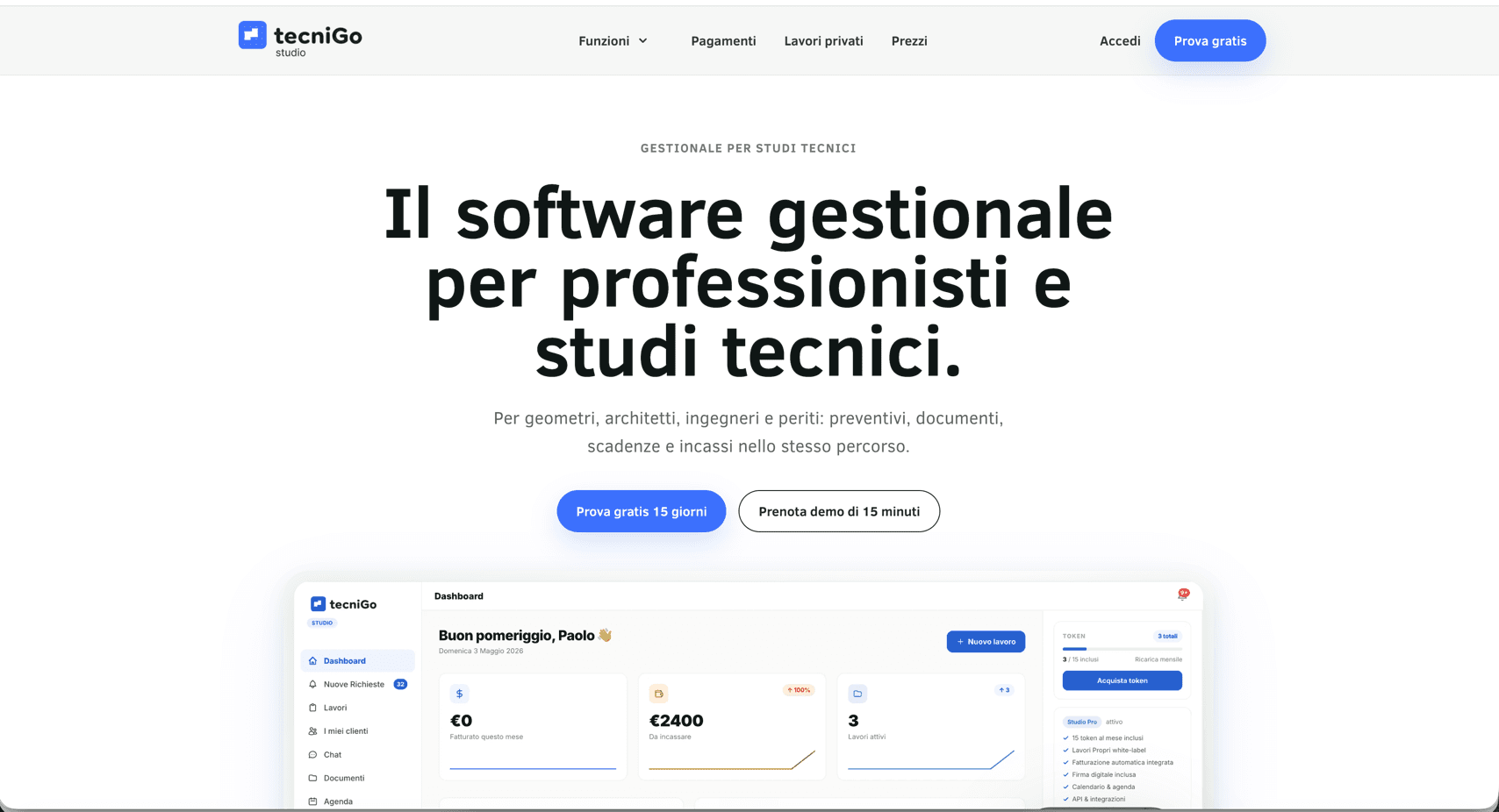 tecniGo Studio — il software gestionale per professionisti e studi tecnici: preventivi, documenti, incassi e agenda