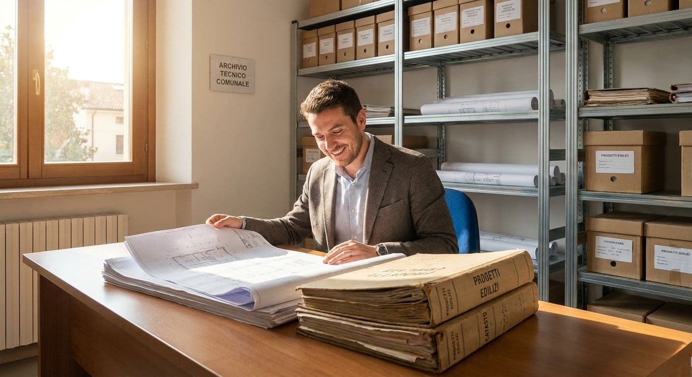 Tecnico consulta documenti e pratiche edilizie per l'accesso agli atti a Como