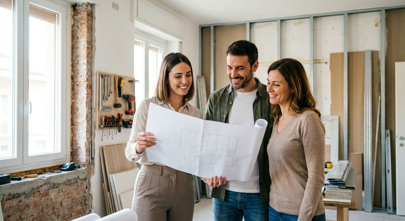 Geometra giovane e sorridente mostra una planimetria a una coppia di clienti in un cantiere di ristrutturazione