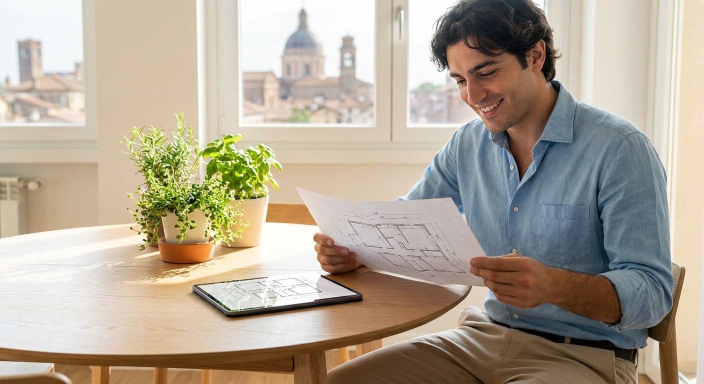 Proprietario controlla la planimetria catastale prima di vendere casa a Mantova, con il centro storico sullo sfondo