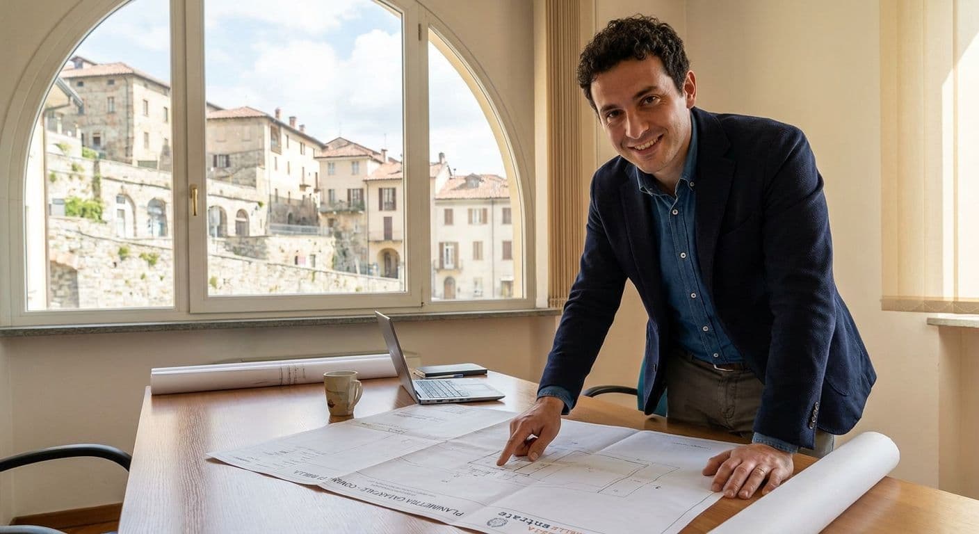 Geometra sorridente controlla una planimetria catastale con vista sul Piazzo, il borgo storico di Biella, sullo sfondo