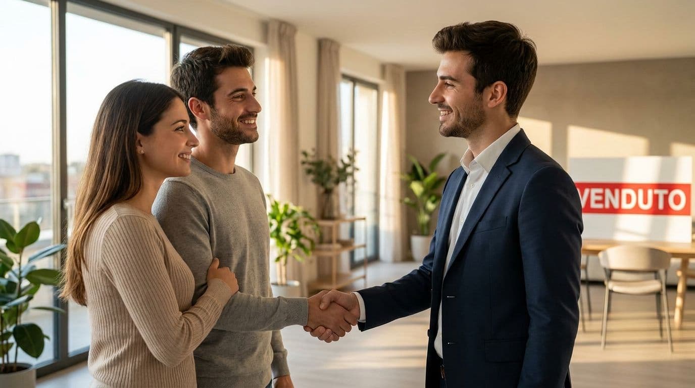 Coppia sorridente stringe la mano a un agente immobiliare davanti a un appartamento con cartello venduto