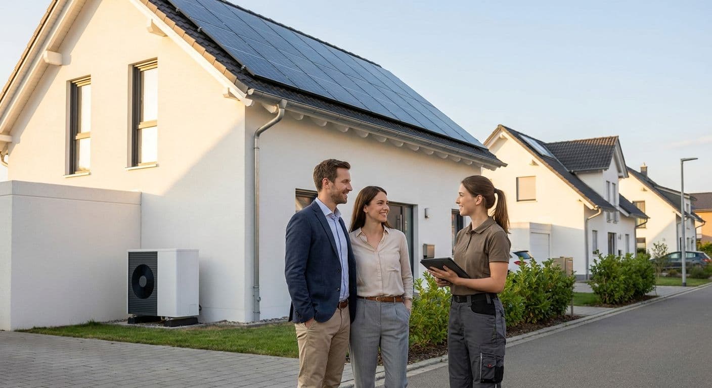Giovane coppia sorridente davanti alla propria casa con pannelli fotovoltaici sul tetto e pompa di calore, mentre un tecnico mostra il progetto di ristrutturazione su tablet
