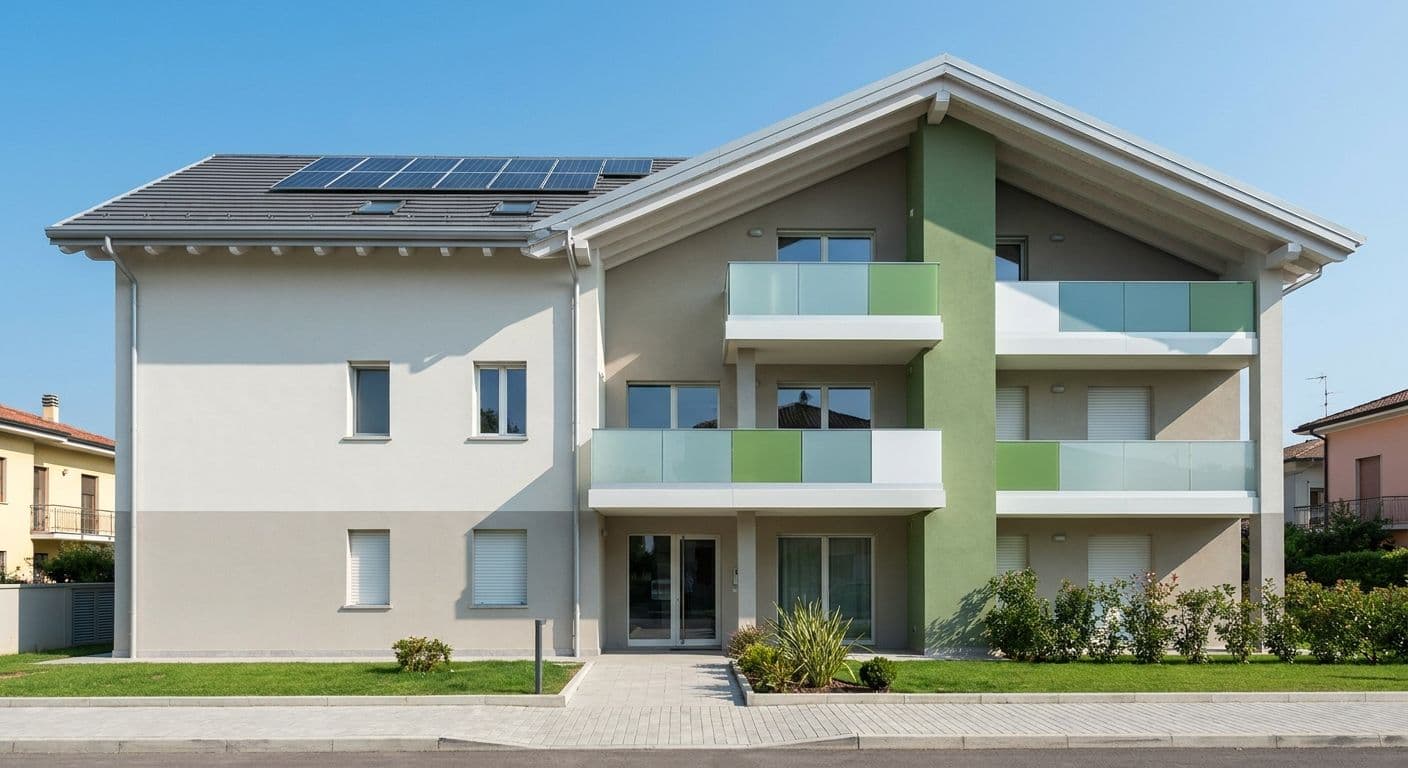 Facciata di una palazzina residenziale italiana moderna con pannelli solari e infissi efficienti, cielo azzurro